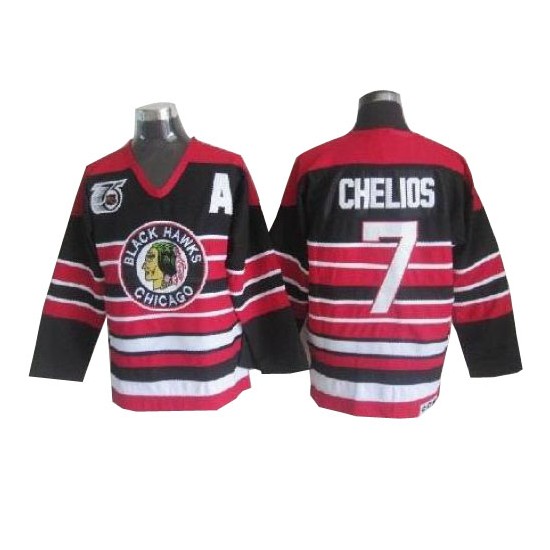 Chicago Blackhawks #7 Men's Chris Chelios CCM Authentic Red/Black Throwback 75TH Jersey Chicago Blackhawks #7 Men's Chris Chelios CCM Authentic Red/Black Throwback 75TH Jersey