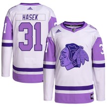 Chicago Blackhawks Youth Dominik Hasek Adidas Authentic White/Purple Hockey Fights Cancer Primegreen Jersey