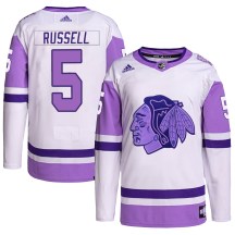 Chicago Blackhawks Youth Phil Russell Adidas Authentic White/Purple Hockey Fights Cancer Primegreen Jersey