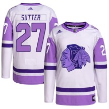 Chicago Blackhawks Youth Darryl Sutter Adidas Authentic White/Purple Hockey Fights Cancer Primegreen Jersey