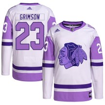 Chicago Blackhawks Men's Stu Grimson Adidas Authentic White/Purple Hockey Fights Cancer Primegreen Jersey