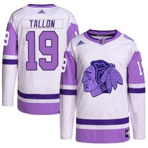 Chicago Blackhawks Men's Dale Tallon Adidas Authentic White/Purple Hockey Fights Cancer Primegreen Jersey