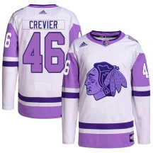 Chicago Blackhawks Youth Louis Crevier Adidas Authentic White/Purple Hockey Fights Cancer Primegreen Jersey