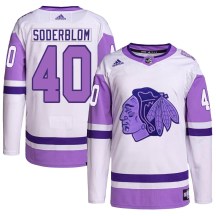 Chicago Blackhawks Youth Arvid Soderblom Adidas Authentic White/Purple Hockey Fights Cancer Primegreen Jersey