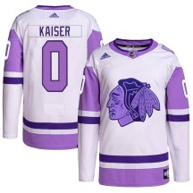 Chicago Blackhawks Men's Wyatt Kaiser Adidas Authentic White/Purple Hockey Fights Cancer Primegreen Jersey
