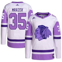 Chicago Blackhawks Men's Petr Mrazek Adidas Authentic White/Purple Hockey Fights Cancer Primegreen Jersey